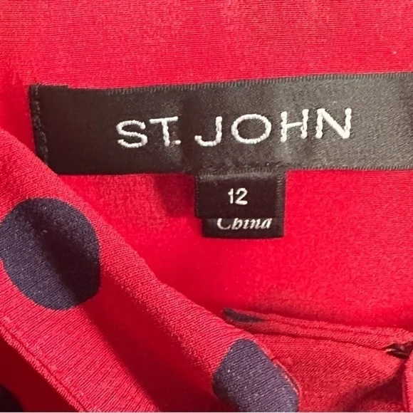 St John Silk Polka Dot Blouse Neck Tie Red Blue Size 12 - Picture 12 of 16